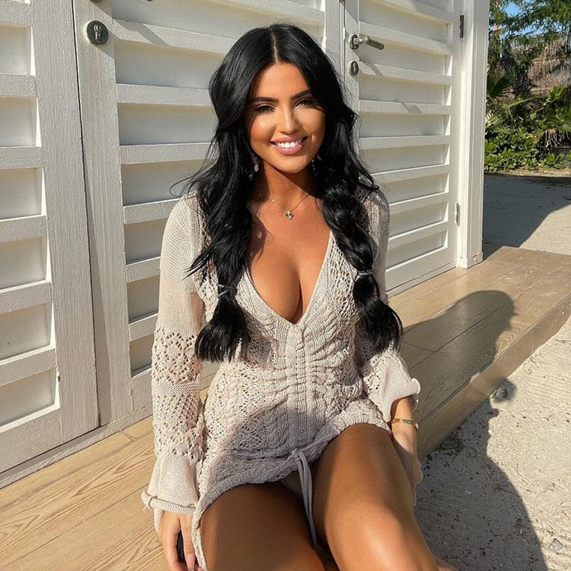 Knitted Hook Flower Hollow Out Drawstring Women Dress Blue Long Sleeve V-neck Dress Spring Slim Fashion Streetwear The Clothing Company Sydney