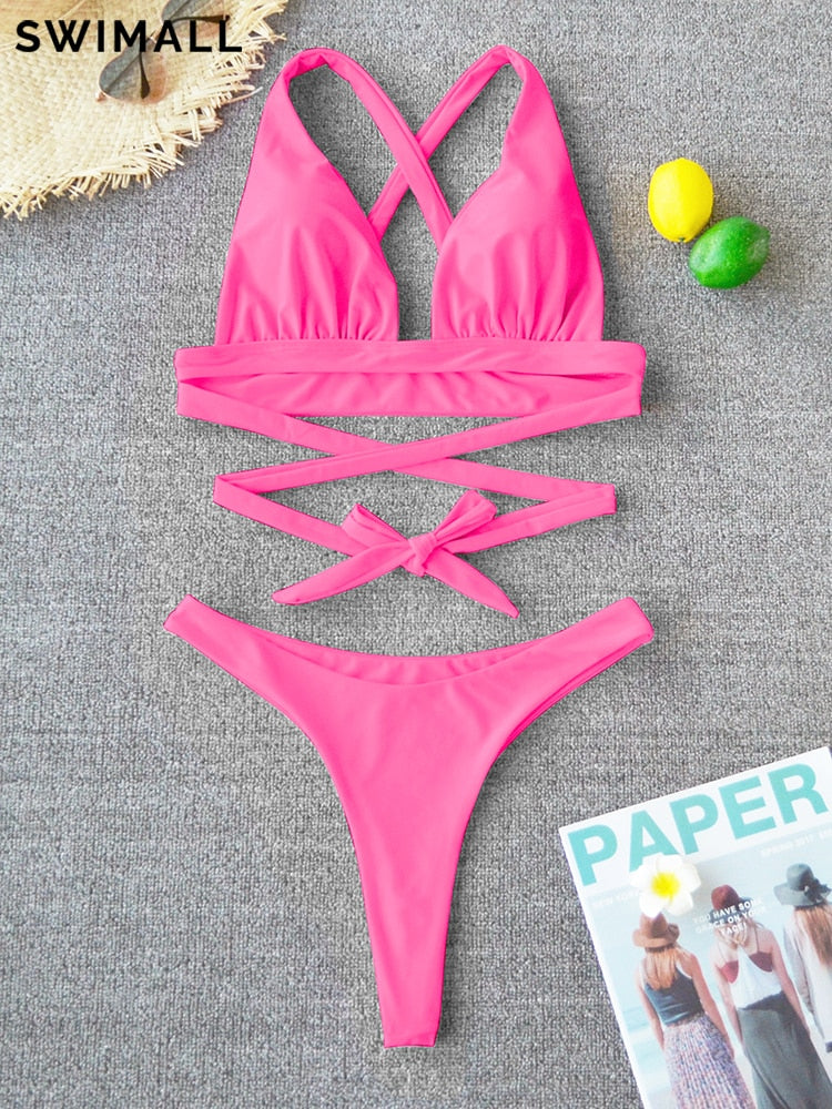 2 Piece Solid Swimsuit Swimwear Push Up Bikini Set Cross Bandage Bathing Suit Beach Wear Swimming Suit The Clothing Company Sydney