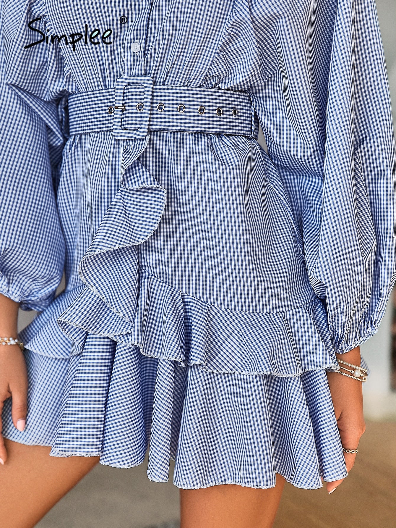 Belt blue plaid batwing long sleeve women dress summer Office ruffle shirt mini dress Casual button A-line Dress - The Clothing Company Sydney