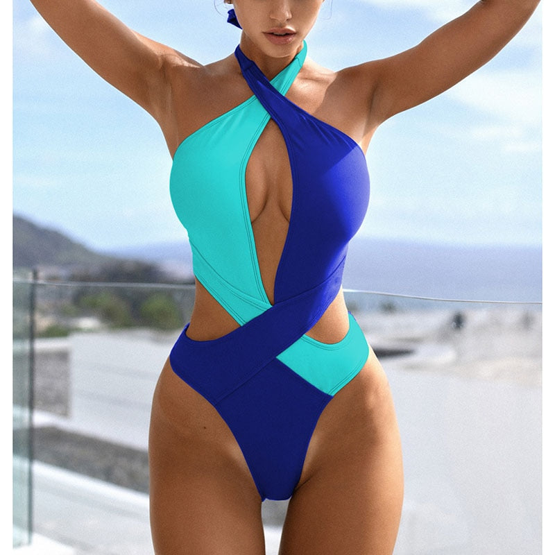 Cut Out Swimsuit One Piece Colorblock Swimwear Wrap Halter Monokini High Cut Bathing Suit Bodysuit Beachwear The Clothing Company Sydney