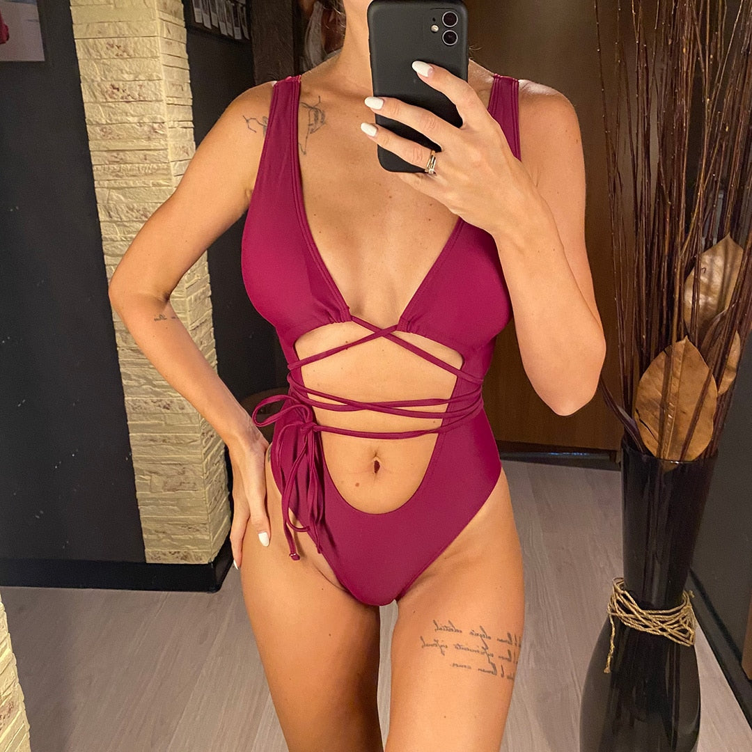 Bandage Wrap Around Tummy Cut Out Deep V Monokini One Piece Swimsuit Swimwear Bather Bathing Suit
