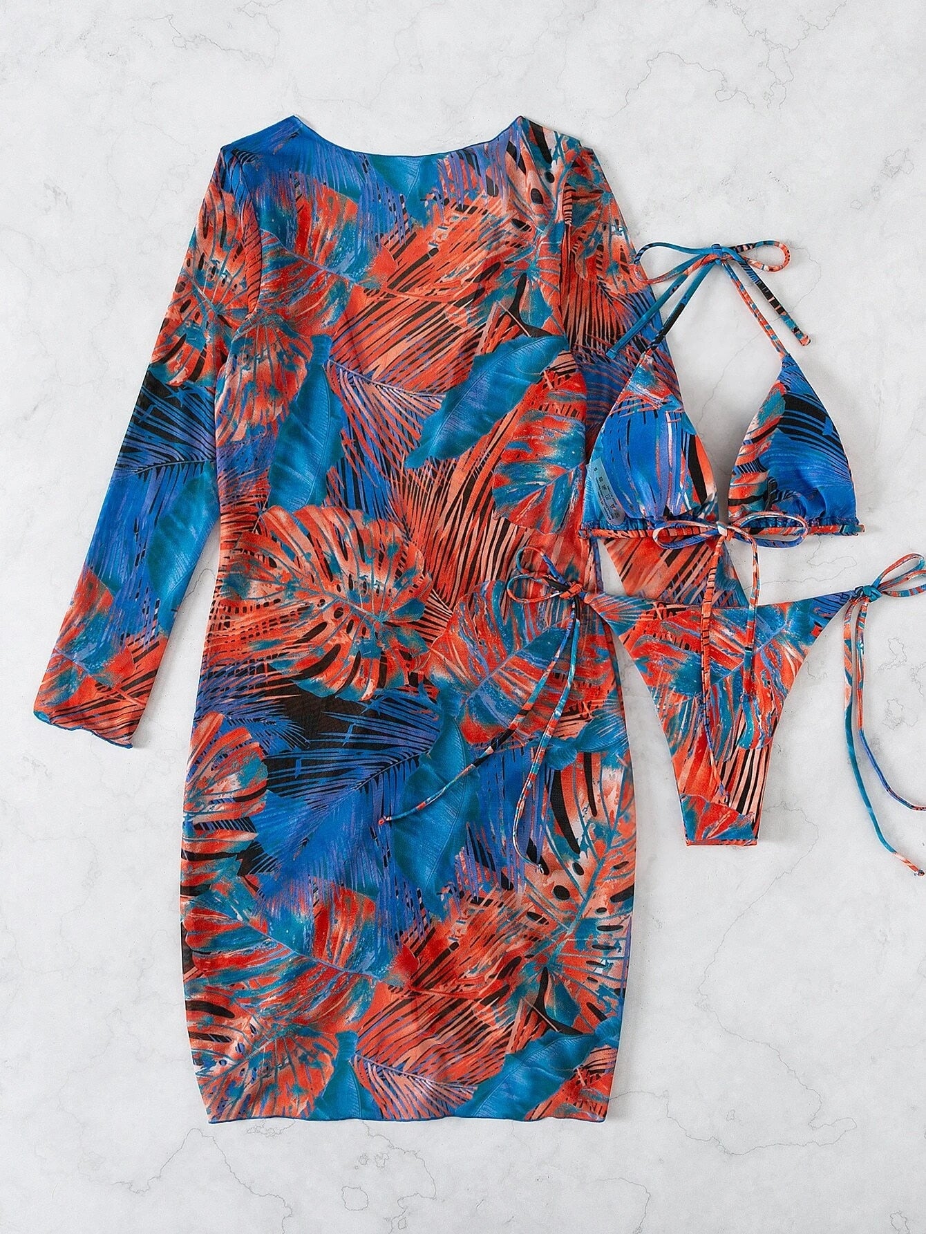 Slit Cuff Plunge Neck Three Piece Bikini Set with Cover Up Plain Swimsuit Women Swimwear Summer Beach Bathing Suit The Clothing Company Sydney