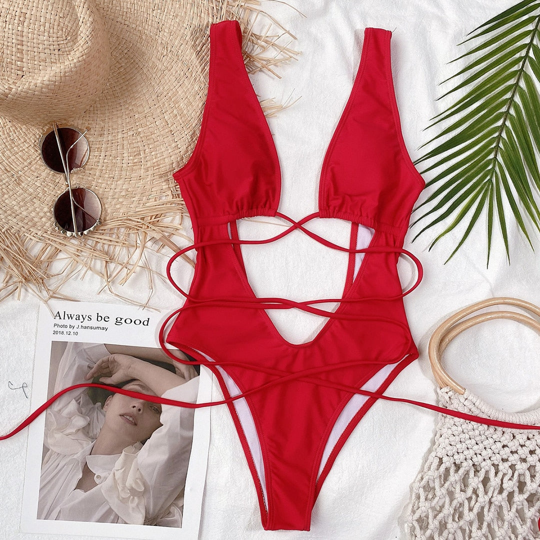 Bandage Wrap Around Tummy Cut Out Deep V Monokini One Piece Swimsuit Swimwear Bather Bathing Suit