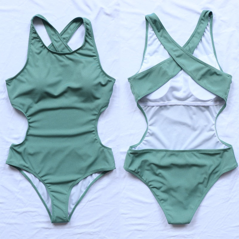 Ribbed One Piece Women Swimsuits Cut Out Swimwear High Neck Bodysuit Solid Beachwear Cross Back Monokini Clothing Company Sydney