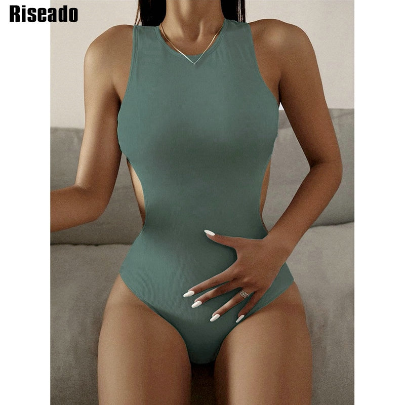 Ribbed One Piece Women Swimsuits Cut Out Swimwear High Neck Bodysuit Solid Beachwear Cross Back Monokini Clothing Company Sydney