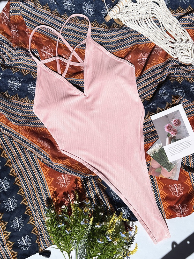 Backless Swimsuit One Piece Thong Bathing Suit Pink Cross Straps Tanga G String Beach Wear Summer Outfit The Clothing Company Sydney