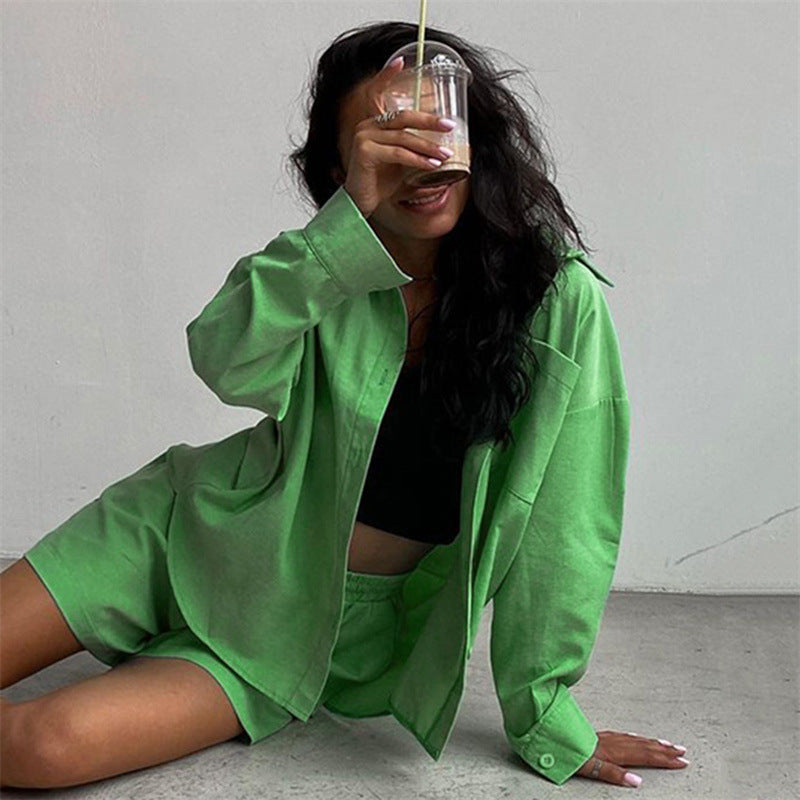2 Piece Long Sleeve Shirt With Mini Shorts Cotton Stretch Waist Two Pieces Ladies Outfits Blouses Fashion Set The Clothing Company Sydney