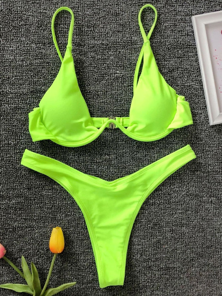 Neon V-bar Underwired Bikini Ribbed Swimsuit Women Thong Swimwear Two-pieces Bikini set Push up Bathing Suit The Clothing Company Sydney