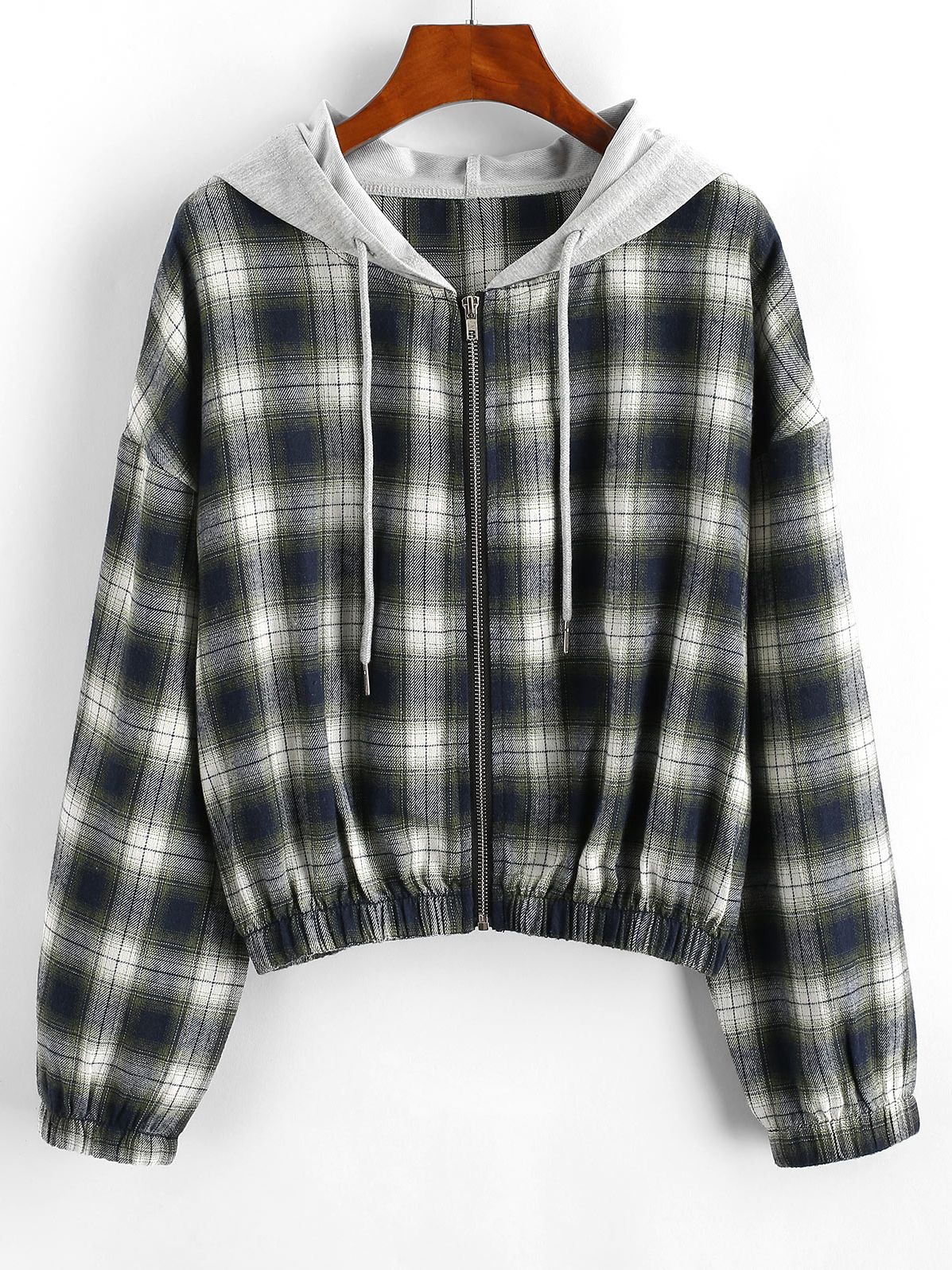 Plaid Flannel Flap Pocket Zip Hooded Jacket Women's Drop Shoulder Coat Zip Up Short Jacket Winter Outwear The Clothing Company Sydney