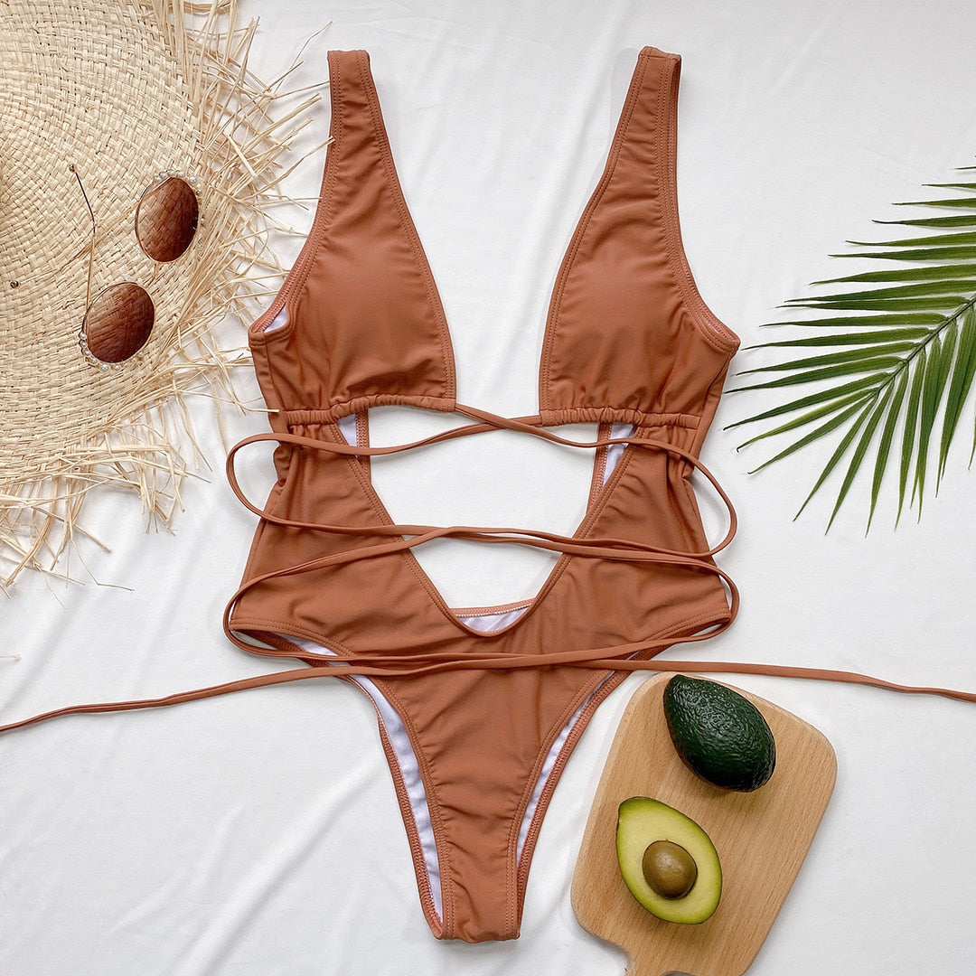 Bandage Wrap Around Tummy Cut Out Deep V Monokini One Piece Swimsuit Swimwear Bather Bathing Suit