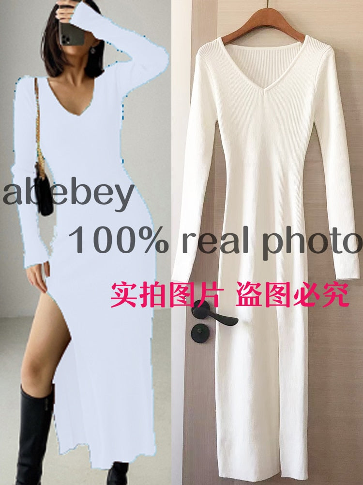 Long Sleeve slit sweater dress slim tight fitting hip knit over the knee dresses The Clothing Company Sydney