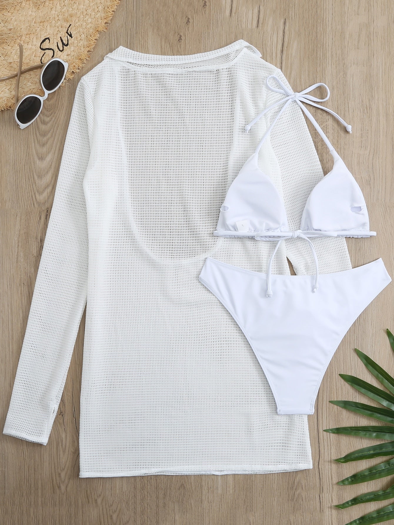 Slit Cuff Plunge Neck Three Piece Bikini Set with Cover Up Plain Swimsuit Women Swimwear Summer Beach Bathing Suit The Clothing Company Sydney