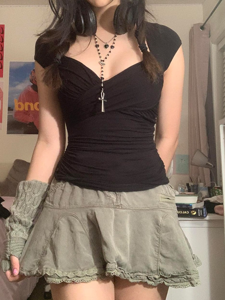 Y2K Cross Crop Top Folds Black Square Collar T Shirt Short Sleeve Square Collar Cute Chic Tee Grunge Tee Retro Top The Clothing Company Sydney