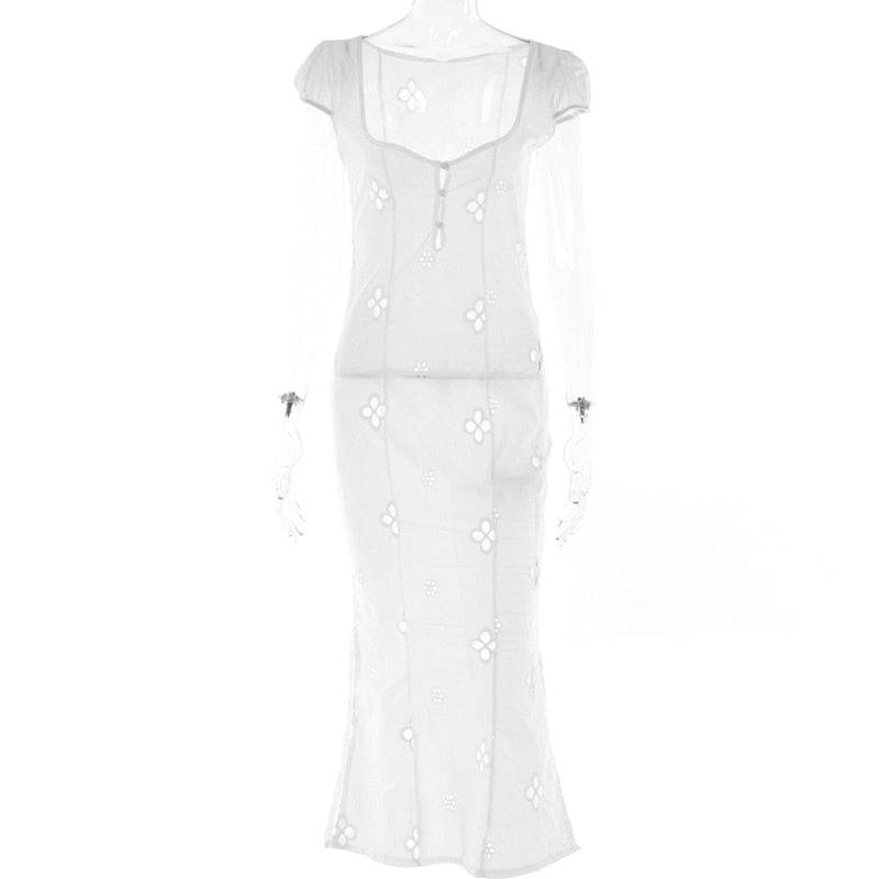 Square Neck Black White Mini Summer High Waist Short Sleeve Beachwear Bodycon Hollow Out Sundress Dress The Clothing Company Sydney