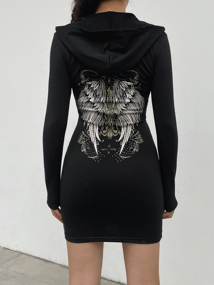 Gothic Grunge Fairycore Wings Printed Graphic Zipper Hooded Bodycon Dark Academia Autumn Mini Dresses Y2K Dress The Clothing Company Sydney