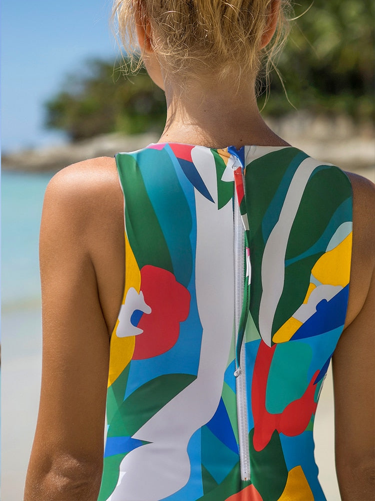 High cut swimsuit One piece swimwear vintage print bikini zipper Monokini bathing suits push up beachwear The Clothing Company Sydney
