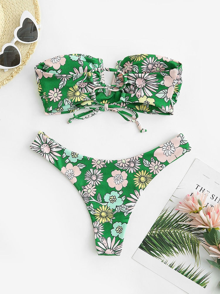 V-wired Ruffle Ribbed High Cut Bikini Swimwear High Cut Strapless Lace Up Removable Padded Women Bathing Suit The Clothing Company Sydney