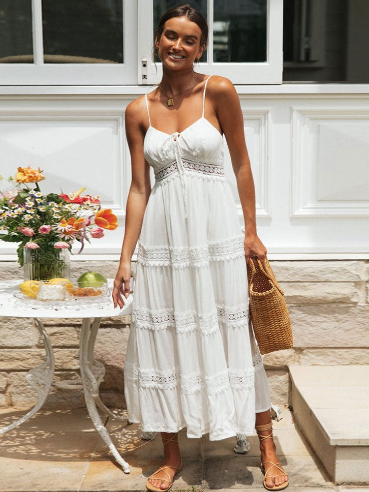 White Spaghetti Straps Dress Elegant Summer Holiday Hollow Out Long Beach Sundress Soft Smock Split Dress The Clothing Company Sydney