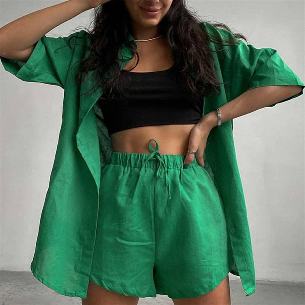 2 Piece Long Sleeve Shirt With Mini Shorts Cotton Stretch Waist Two Pieces Ladies Outfits Blouses Fashion Set The Clothing Company Sydney