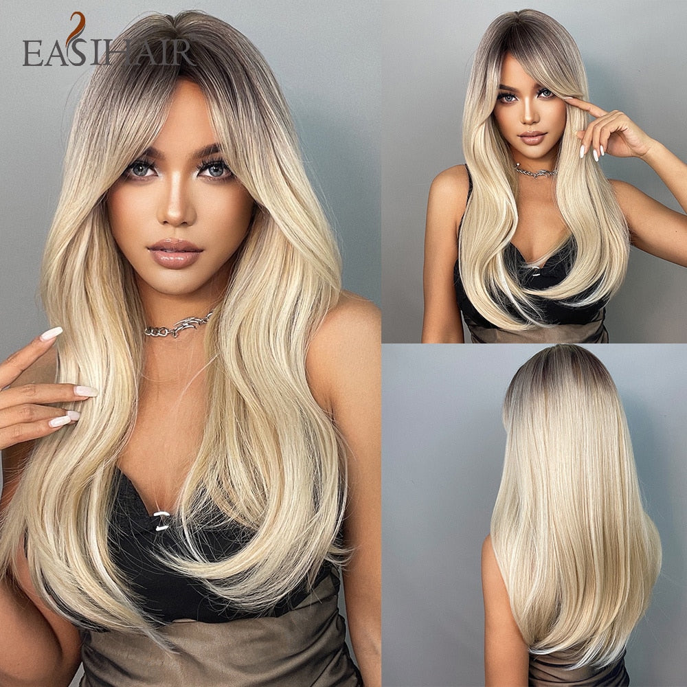 Ombre Brown Light Blonde Platinum Long Wavy Middle Part Hair Wig Cosplay Natural Heat Resistant Synthetic Wig for Women The Clothing Company Sydney