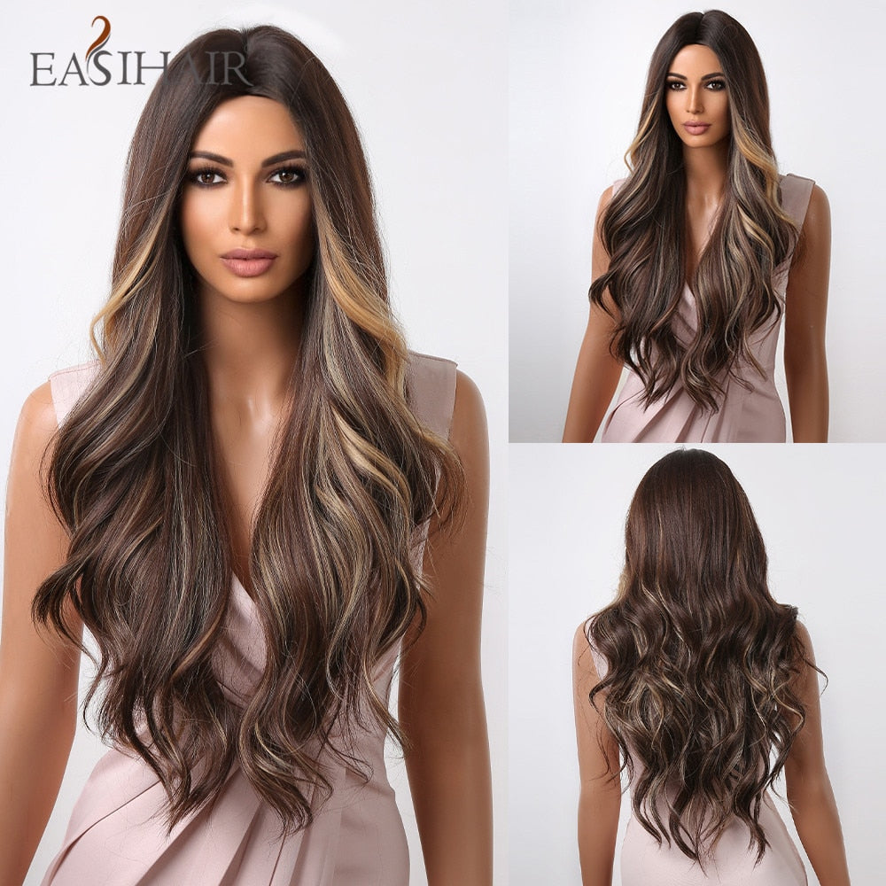 Brown Mixed Blonde Synthetic Wigs with Bang Long Natural Wavy Hair Wig for Women Daily Cosplay Use Heat Resistant Wigs The Clothing Company Sydney