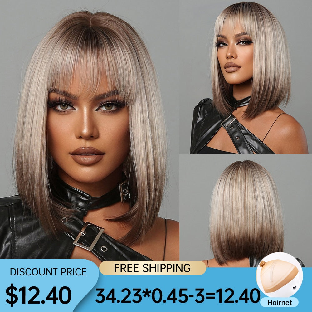 Short Straight Synthetic Wigs for Women Blonde to Brown Ombre Bob Wigs with Bangs Daily Cosplay Party Heat Resistant Wigs The Clothing Company Sydney