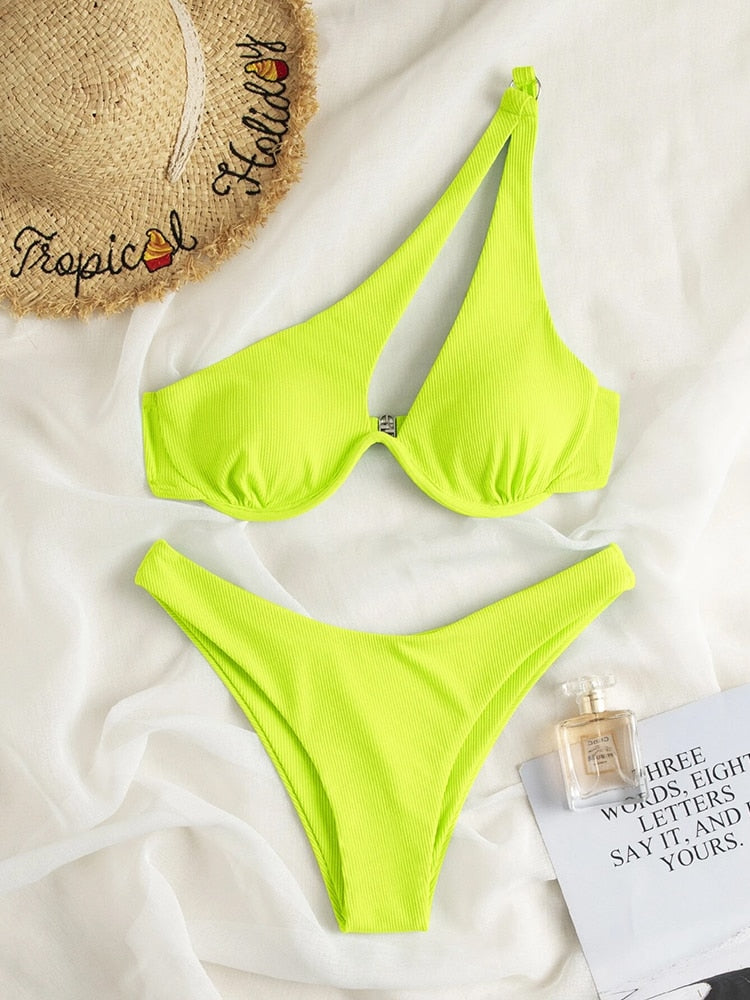 2 Piece Ribbed Bikini One Shoulder Swimwear Swimsuit Push Up Bikini Set High Cut Bathing Suit Brazilian Bikini Set The Clothing Company Sydney