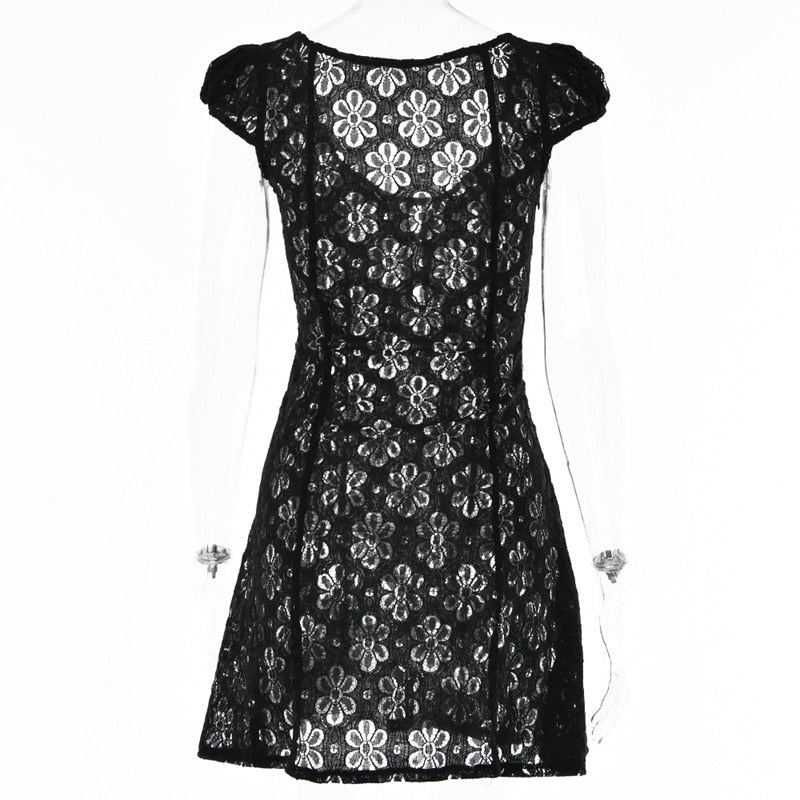 Square Neck Black White Mini Summer High Waist Short Sleeve Beachwear Bodycon Hollow Out Sundress Dress The Clothing Company Sydney