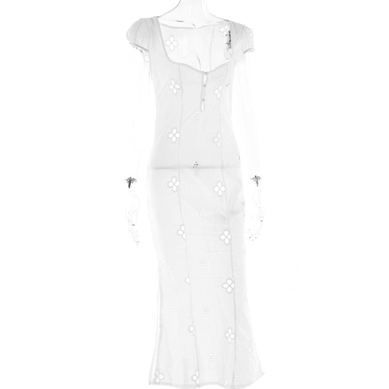 Square Neck Black White Mini Summer High Waist Short Sleeve Beachwear Bodycon Hollow Out Sundress Dress The Clothing Company Sydney
