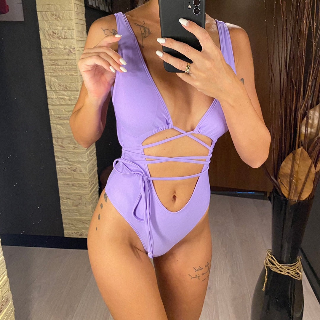 Bandage Wrap Around Tummy Cut Out Deep V Monokini One Piece Swimsuit Swimwear Bather Bathing Suit