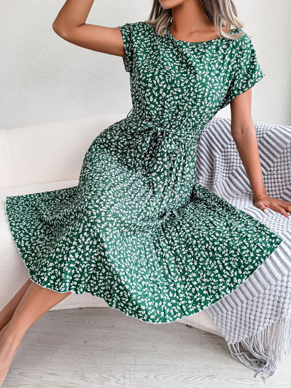 Floral Pleated A Line Long Dress Spring Summer Short Sleeve High Waist Chic Dress The Clothing Company Sydney