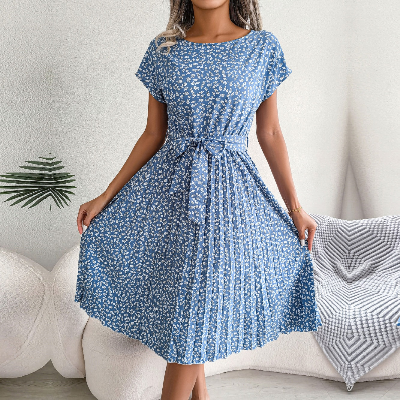 Floral Pleated A Line Long Dress Spring Summer Short Sleeve High Waist Chic Dress The Clothing Company Sydney