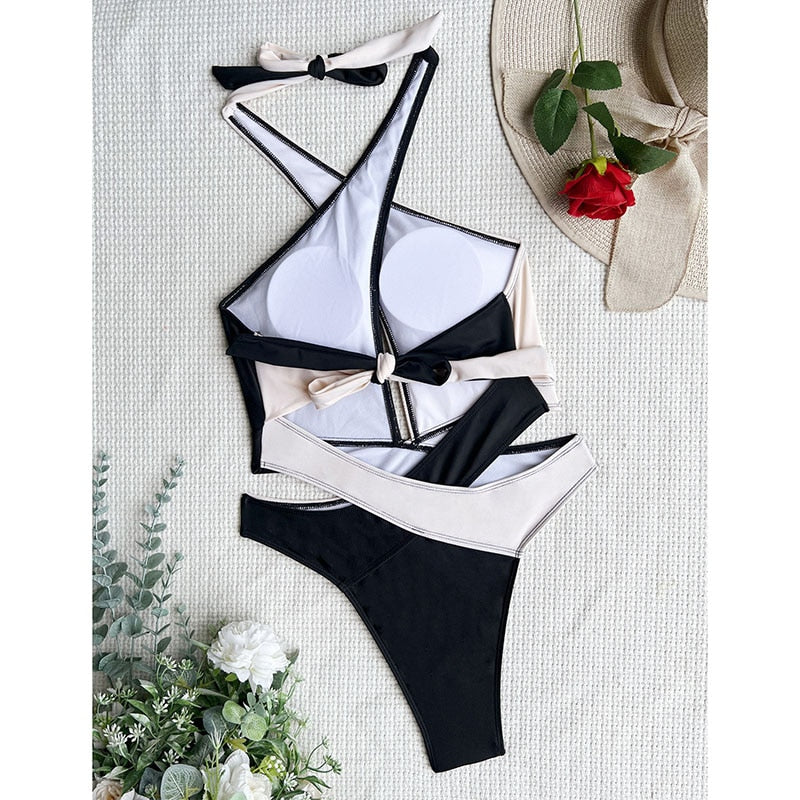 Cut Out Swimsuit One Piece Colorblock Swimwear Wrap Halter Monokini High Cut Bathing Suit Bodysuit Beachwear The Clothing Company Sydney