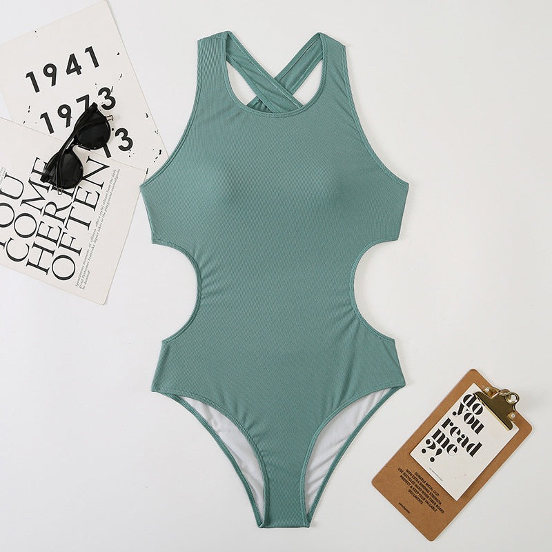 Ribbed One Piece Women Swimsuits Cut Out Swimwear High Neck Bodysuit Solid Beachwear Cross Back Monokini Clothing Company Sydney