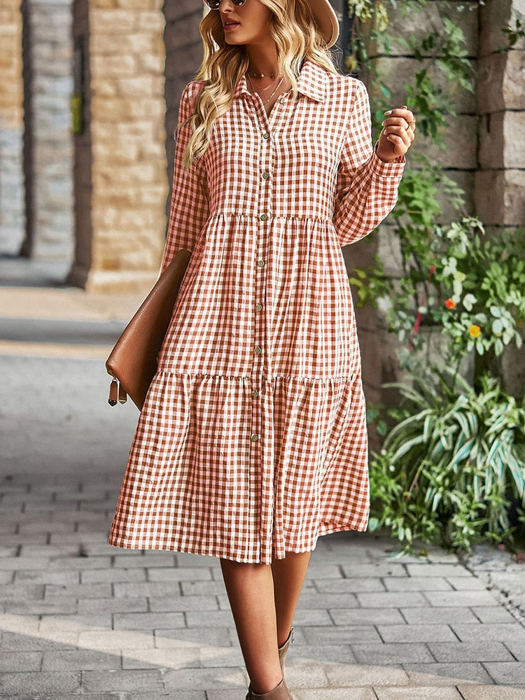 Casual Plaid Shirt Dress For Women Turn Down Long Sleeve Maxi Dress Vintage Single Breasted Patchwork Spring Autumn Dress The Clothing Company Sydney