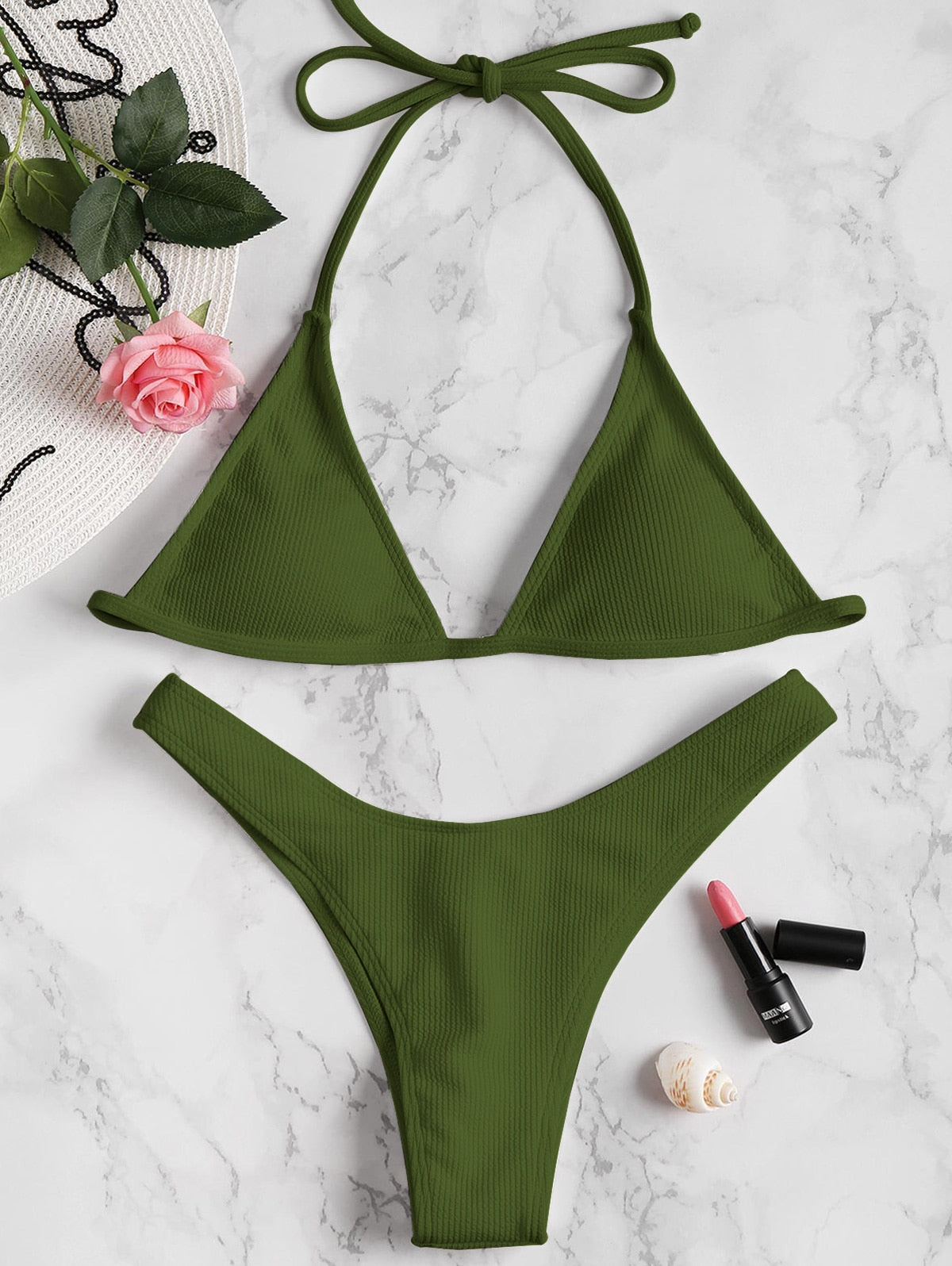 2 Piece Swimwear Tie Ribbed Thong Bikini Set Swimsuit Padded Bandage Beach Summer Backless Bathing Suit The Clothing Company Sydney