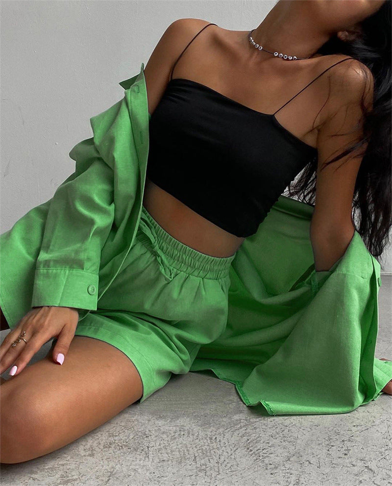 2 Piece Long Sleeve Shirt With Mini Shorts Cotton Stretch Waist Two Pieces Ladies Outfits Blouses Fashion Set The Clothing Company Sydney