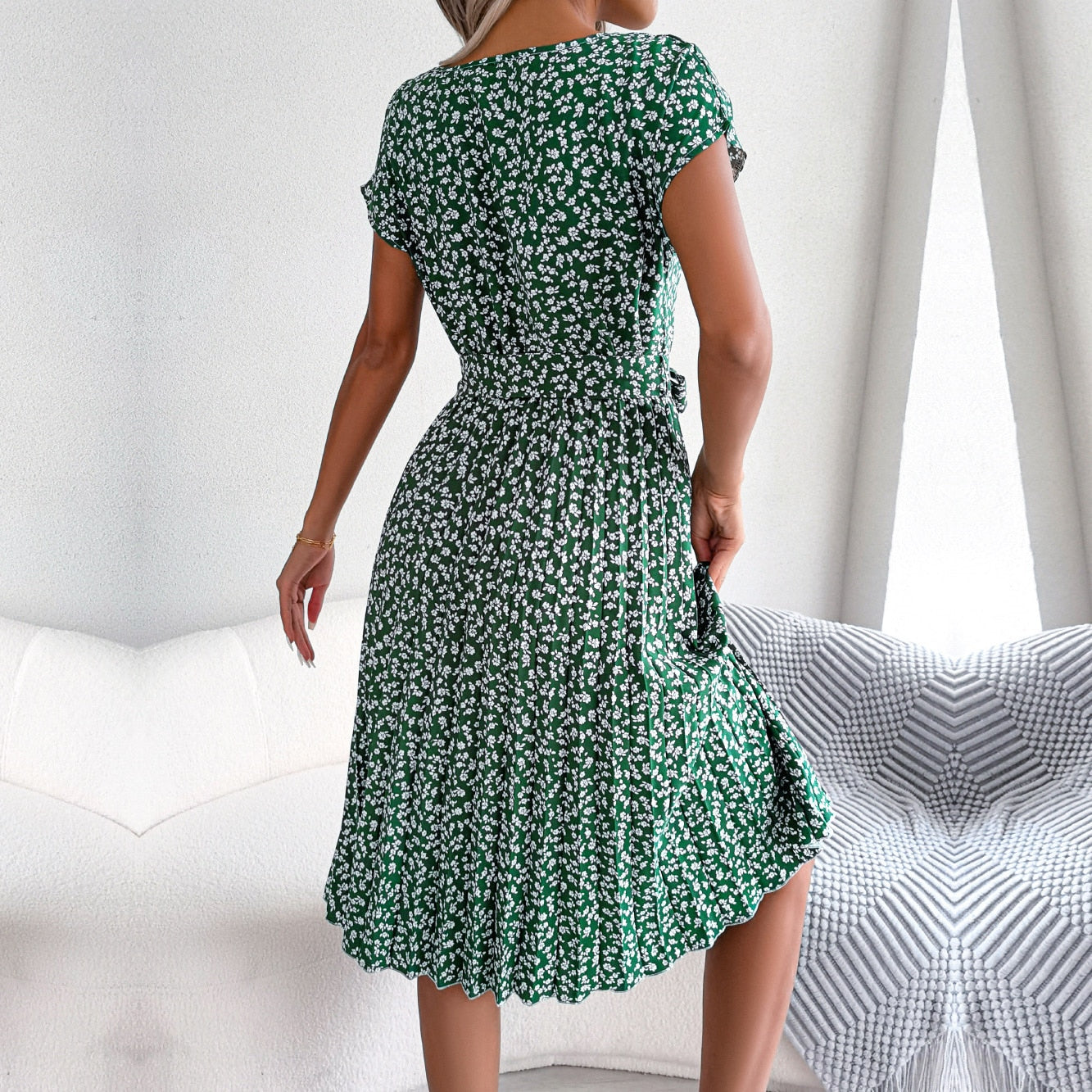 Floral Pleated A Line Long Dress Spring Summer Short Sleeve High Waist Chic Dress The Clothing Company Sydney