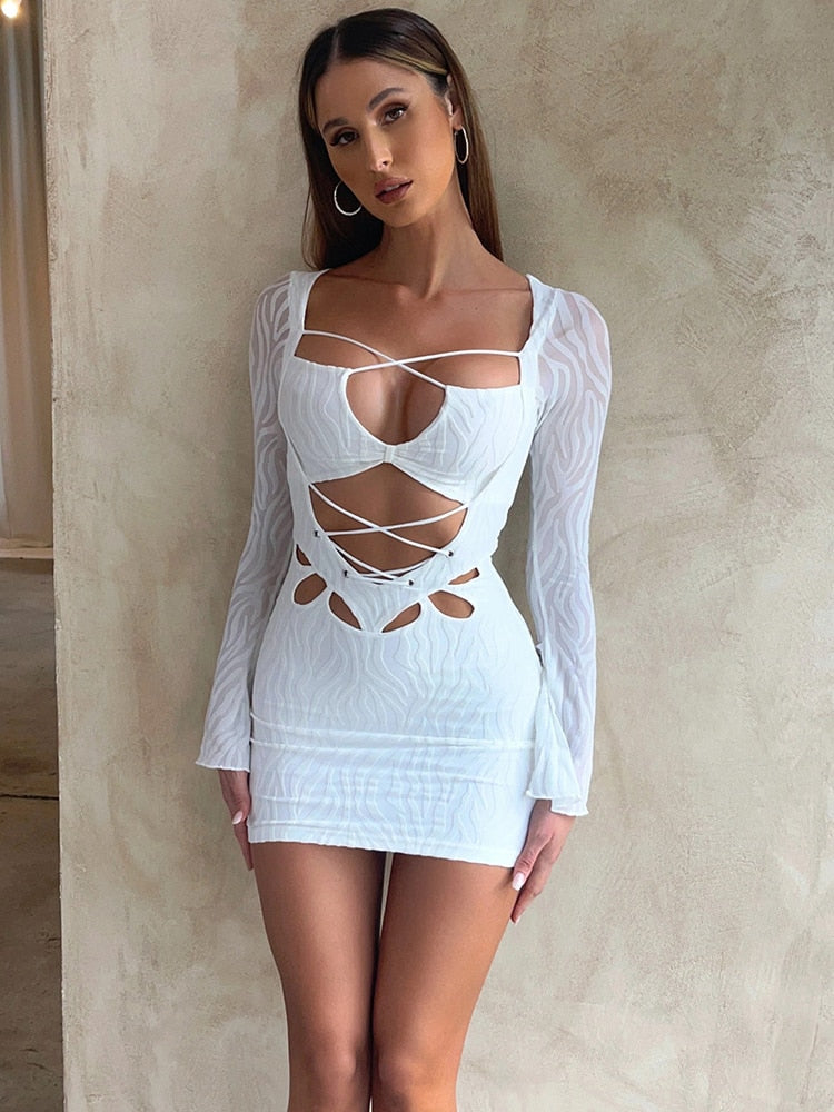Textured Lace Up Bandage Mini Dress Outfit for Women Long Sleeve Bodycon Dresses Streetwear Spring Clothes The Clothing Company Sydney