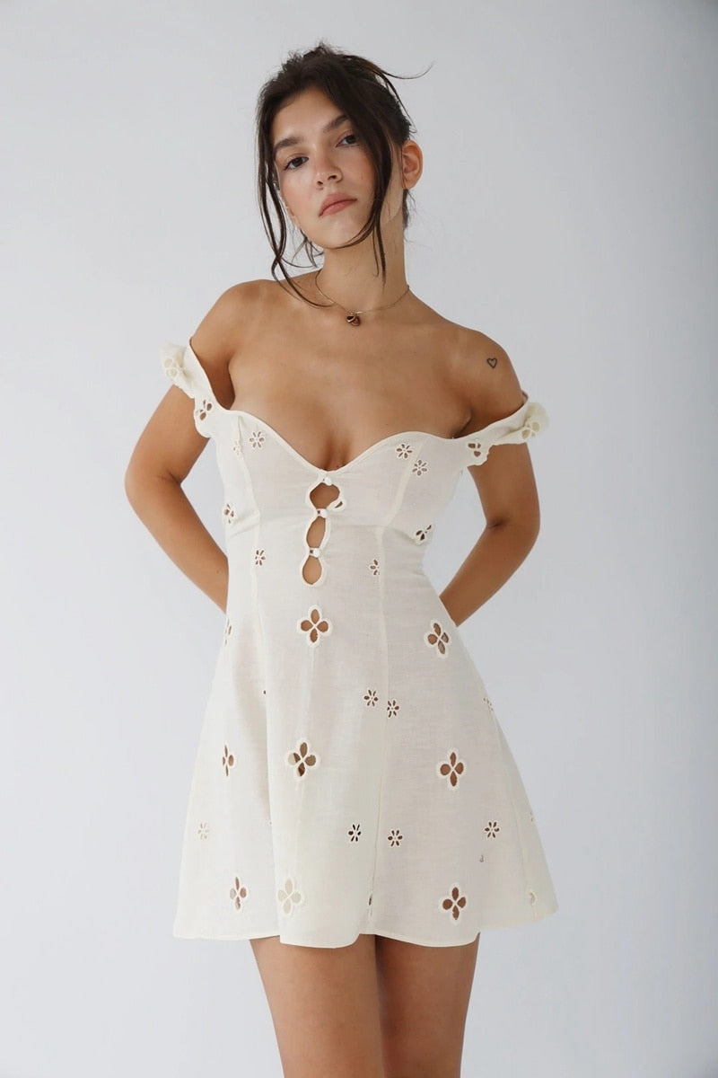 Square Neck Black White Mini Summer High Waist Short Sleeve Beachwear Bodycon Hollow Out Sundress Dress The Clothing Company Sydney