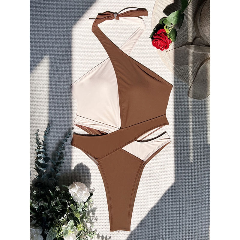 Cut Out Swimsuit One Piece Colorblock Swimwear Wrap Halter Monokini High Cut Bathing Suit Bodysuit Beachwear The Clothing Company Sydney