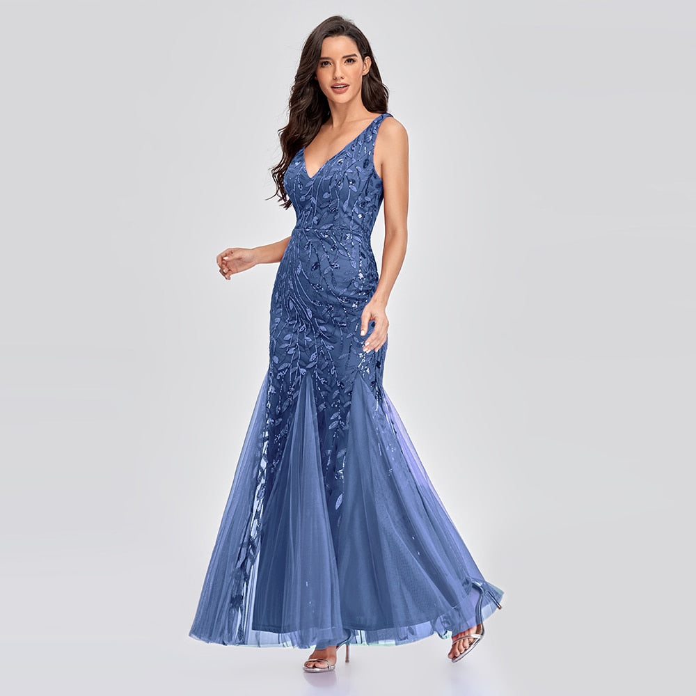 Sleeveless V-neck Tulle Sequins Cocktail V-back Mermaid Party Prom Gown Formal Occasion Embroidered Formal Dress The Clothing Company Sydney