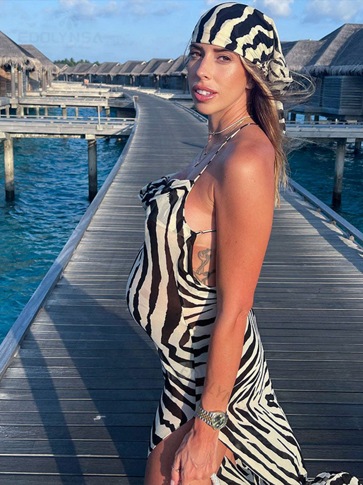 Zebra Pattern Spaghetti Strap Side Split Back Open Long Beach Dress Summer Clothes Women Beach Wear Swim Suit Cover Up The Clothing Company Sydney