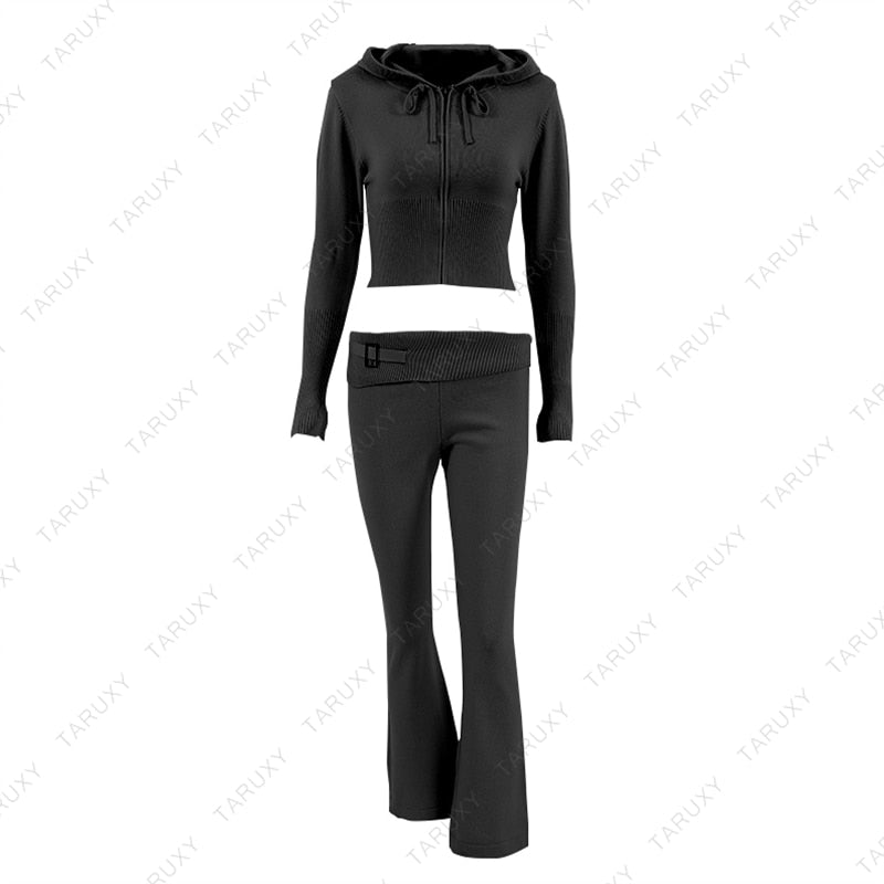 Women's Spring Outfits Casual Zipper Sweater Hoodie Set High Waist Flare Pants Suits Pink Knitted Y2k Two Piece Set The Clothing Company Sydney