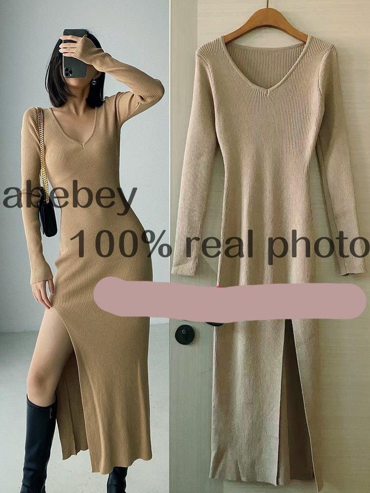 Long Sleeve slit sweater dress slim tight fitting hip knit over the knee dresses The Clothing Company Sydney