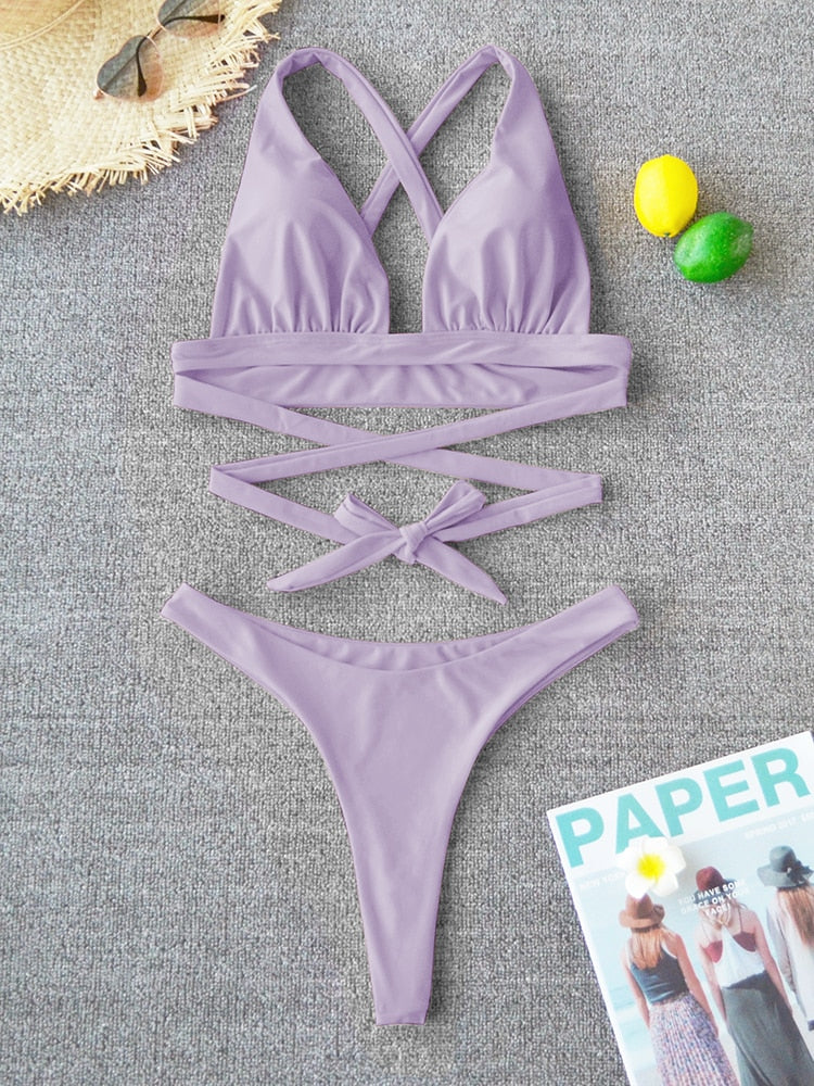 2 Piece Solid Swimsuit Swimwear Push Up Bikini Set Cross Bandage Bathing Suit Beach Wear Swimming Suit The Clothing Company Sydney