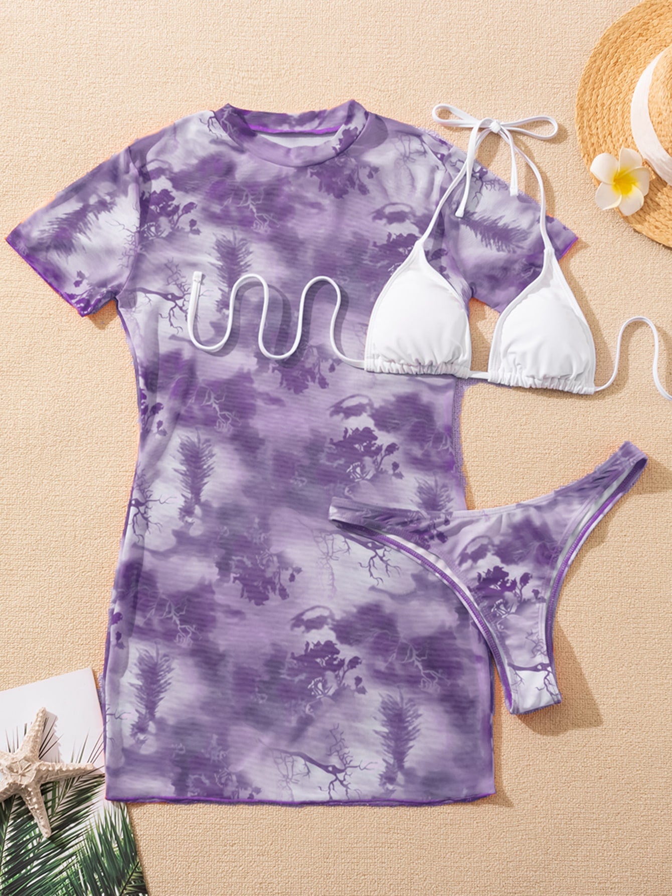 Slit Cuff Plunge Neck Three Piece Bikini Set with Cover Up Plain Swimsuit Women Swimwear Summer Beach Bathing Suit The Clothing Company Sydney