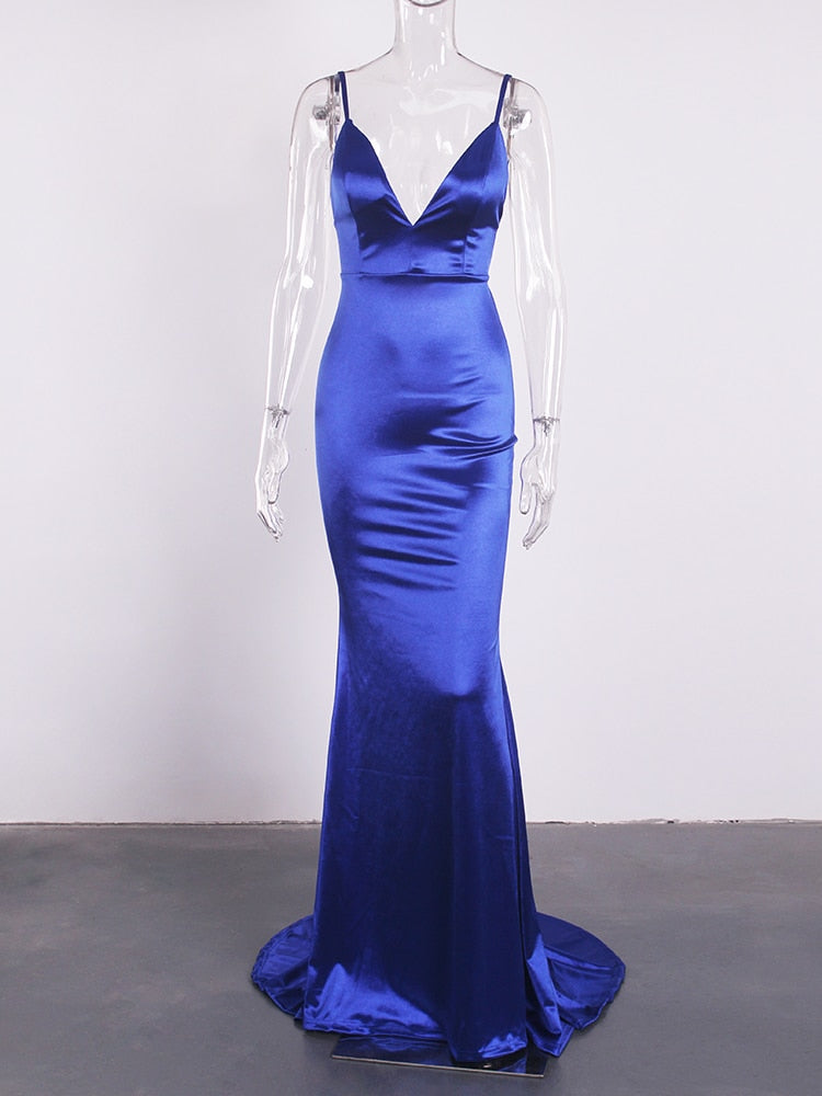 Backless Satin Evening Gown Strappy Deep V Neck Floor Length Prom Padded Stretch Formal Cocktail Wedding Party Dresses The Clothing Company Sydney