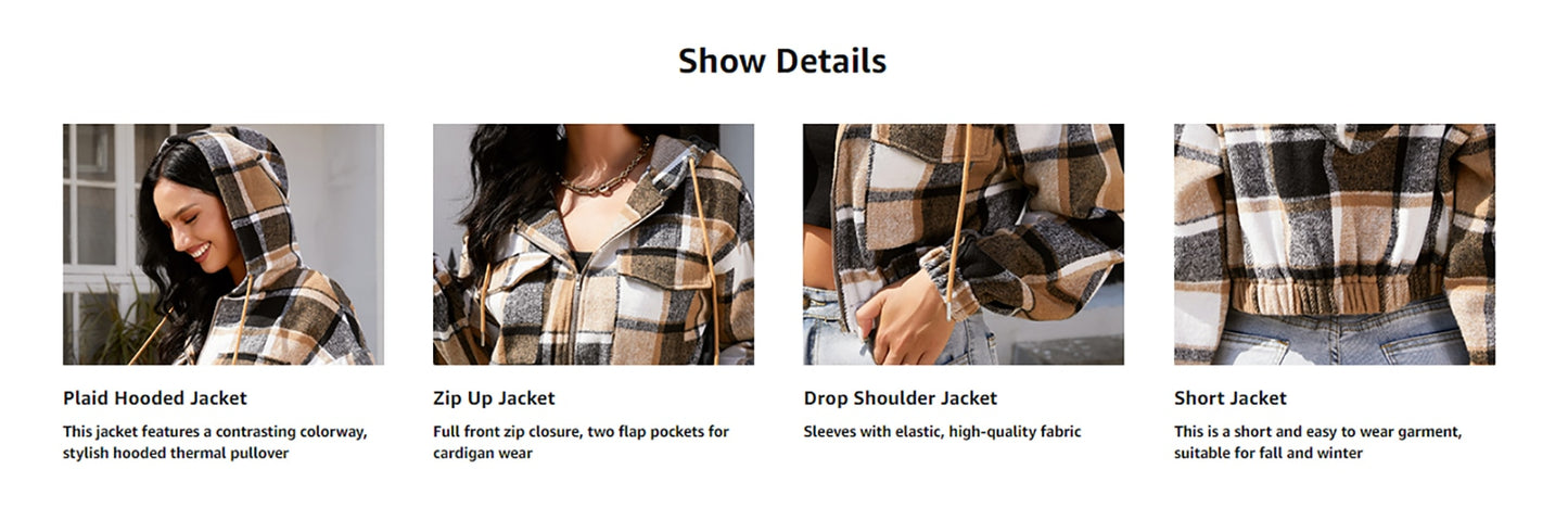 Plaid Flannel Flap Pocket Zip Hooded Jacket Women's Drop Shoulder Coat Zip Up Short Jacket Winter Outwear The Clothing Company Sydney
