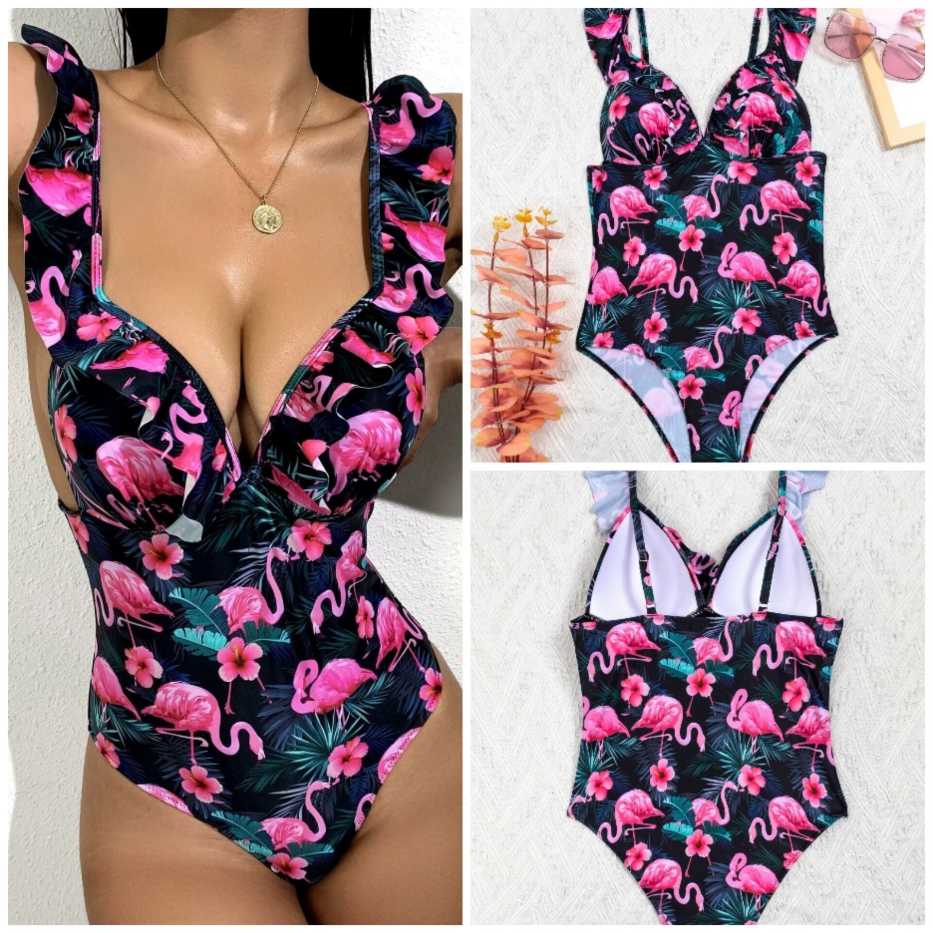 Push Up Bra High Waist V Neck Skinny Bikini Holiday Swimwear Flamingo Ruffle Print One Piece Swimsuit The Clothing Company Sydney
